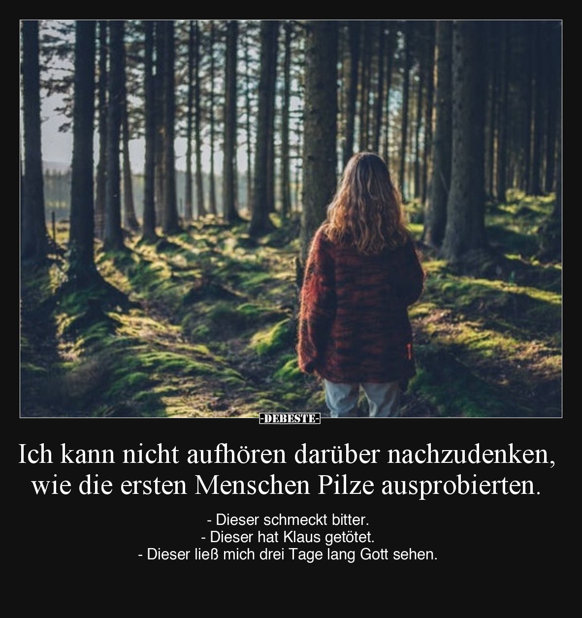 Ich kann nicht aufhören darüber nachzudenken, wie die ersten Menschen Pilze ausprobierten.
- Dieser schmeckt bitter.
- Dies...