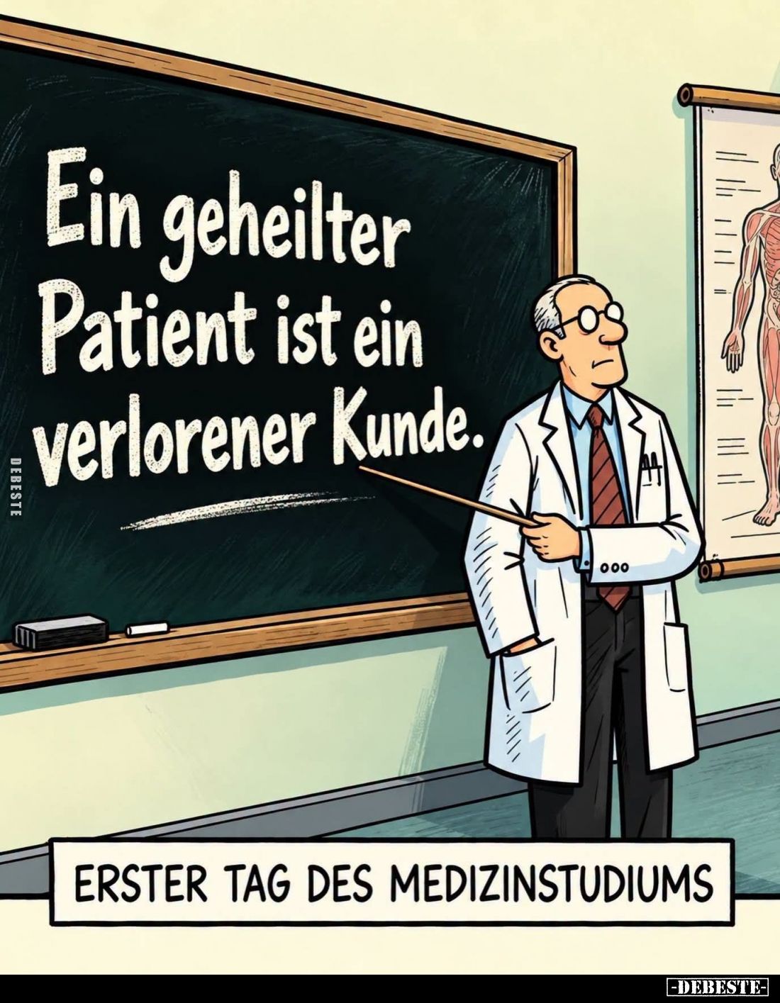 Ein geheilter Patient ist ein verlorener Kunde.
-
Erster Tag des Medizinstudiums.