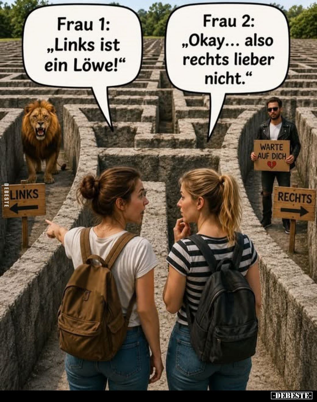 Frau 1: „Links ist ein Löwe!"
Frau 2: „Okay... also rechts lieber nicht."