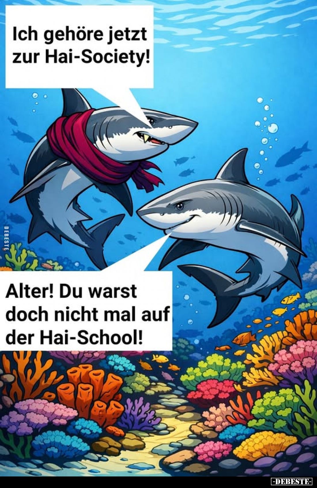 Ich gehöre jetzt zur Hai-Society! -
Alter! Du warst doch nicht mal auf der Hai-School!