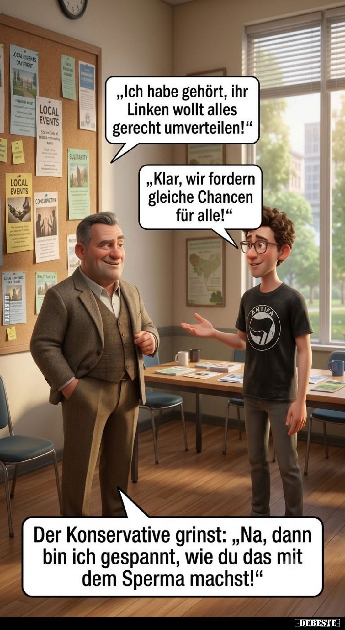 "Ich habe gehört, ihr Linken wollt alles gerecht umverteilen!" -
"Klar, wir fordern gleiche Chancen für alle!...