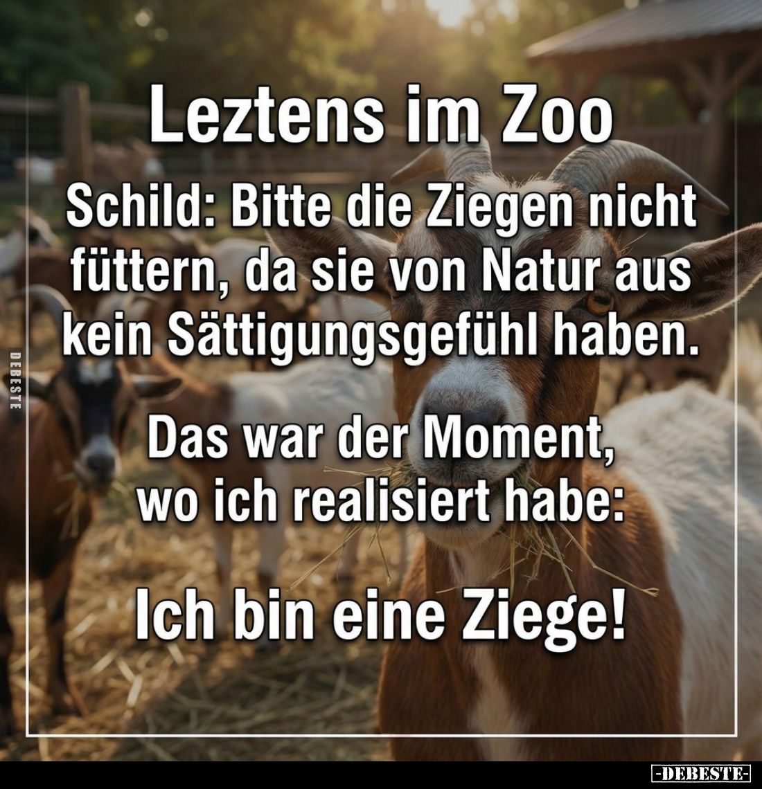 Leztens im Zoo. Schild: Bitte die Ziegen nicht füttern, da sie von Natur aus kein Sättigungsgefühl haben. Das war der Moment,...