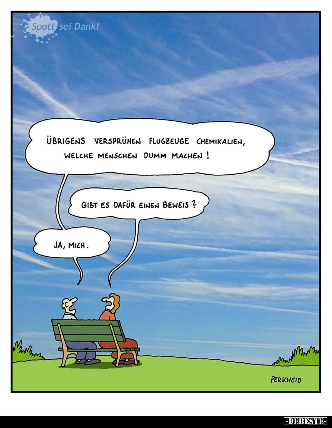 Übrigens versprühen Flugzeuge Chemikalien, welche Menschen dumm machen! -
Gibt es dafür einen Beweis? -
Ja, mich.
