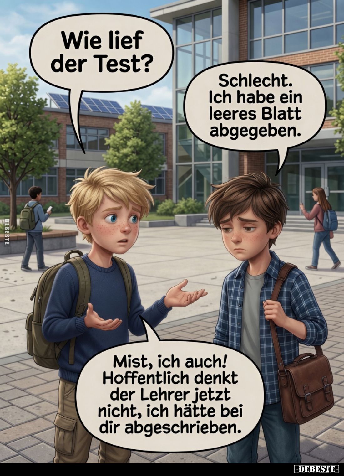 Wie lief der Test?
 - 
Schlecht. Ich habe ein leeres Blatt abgegeben.
 - 
Mist, ich auch! Hoffentlich denkt der Lehrer je...