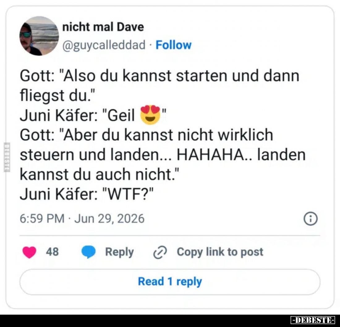 Gott: "Also du kannst starten und dann fliegst du."
Juni Käfer: "Geil"
Gott: "Aber du kannst nicht...