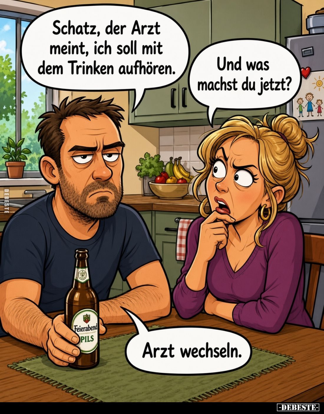 Schatz, der Arzt meint, ich soll mit dem Trinken aufhören.
Und was machst du jetzt?
Arzt wechseln.