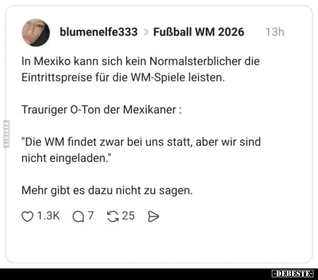 In Mexiko kann sich kein Normalsterblicher die Eintrittspreise für die WM-Spiele leisten.
Trauriger O-Ton der Mexikaner :
&...