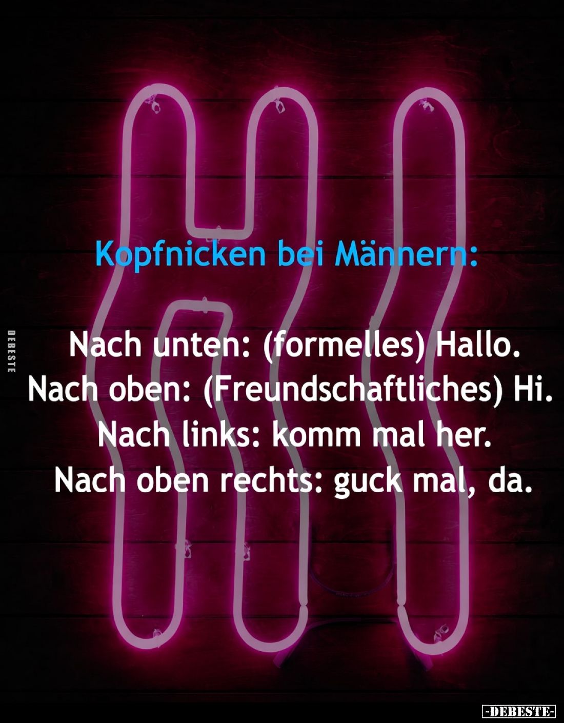 Kopfnicken bei Männern:

Nach unten: (formelles) Hallo.
Nach oben: (Freundschaftliches) Hi.
Nach links: komm mal her.
Na...