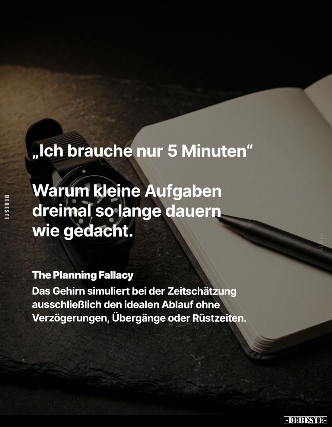 „Ich brauche nur 5 Minuten“
Warum kleine Aufgaben dreimal so lange dauern wie gedacht.
The Planning Fallacy:
Das Gehirn ...