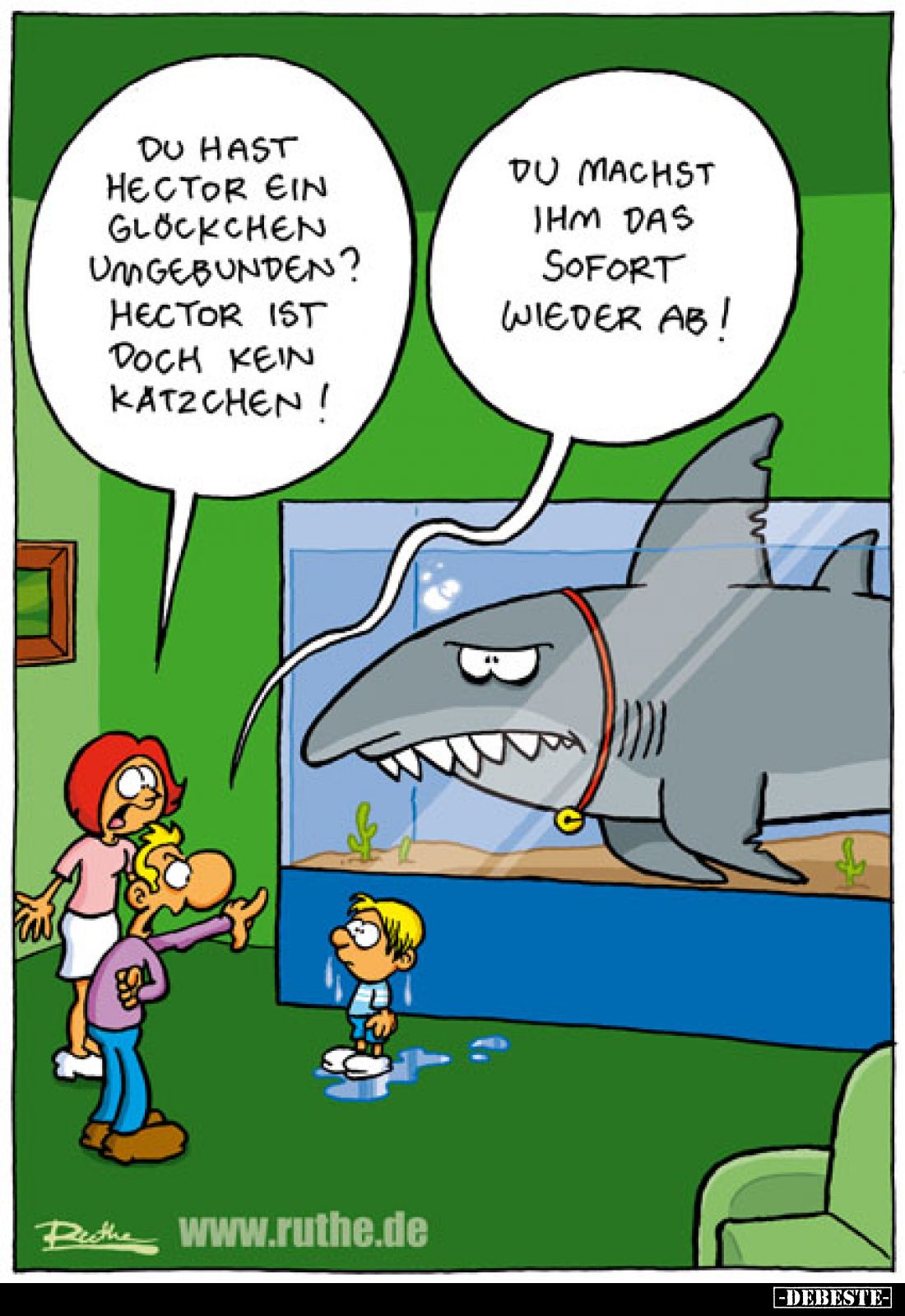 Du hast Hector ein Glöckchen umgebunden? Hector ist doch kein Kätzchen! - Du machst ihm das sofort wieder ab!