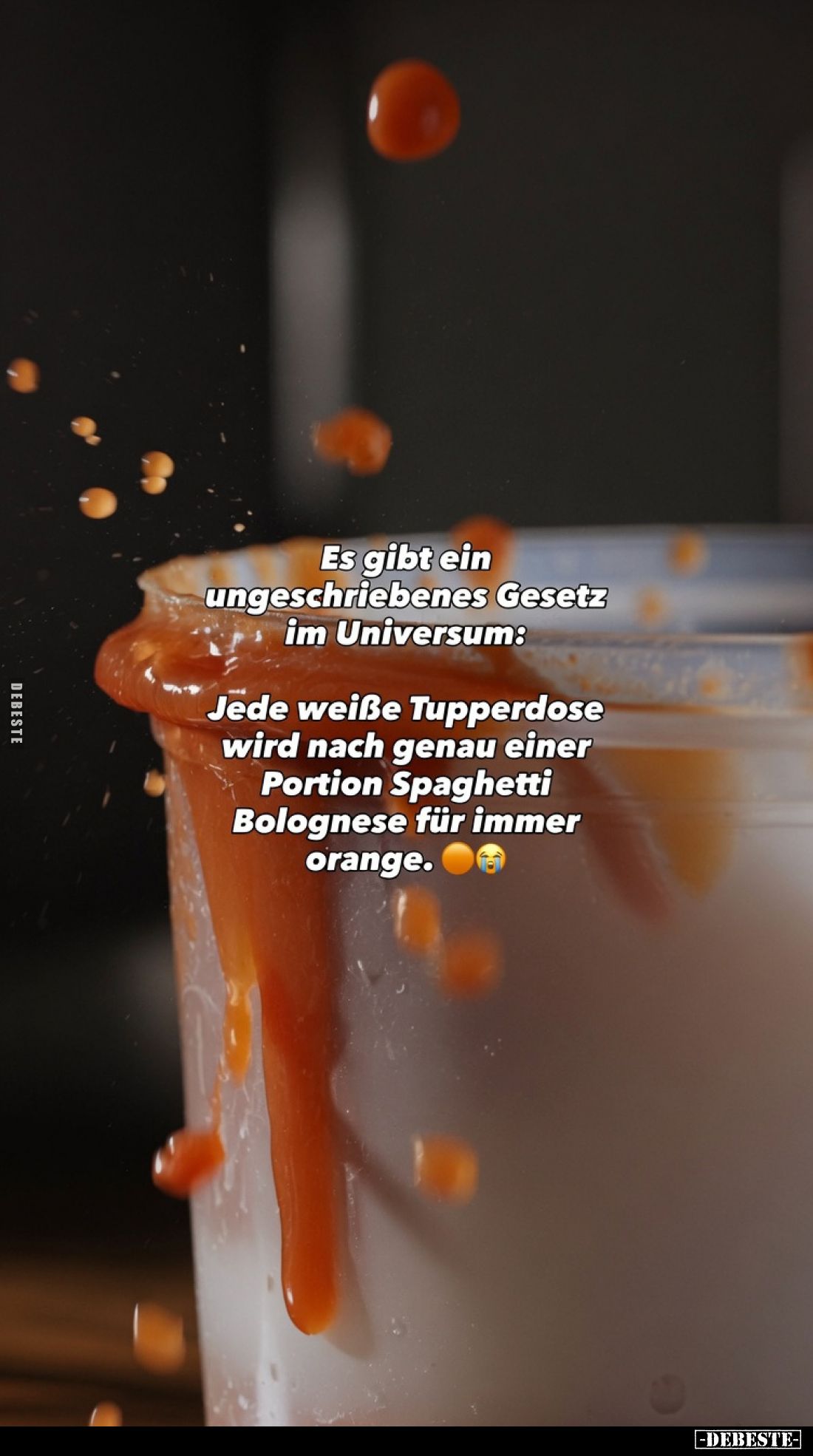 Es gibt ein ungeschriebenes Gesetz im Universum: Jede weiße Tupperdose wird nach genau einer Portion Spaghetti Bolognese für ...