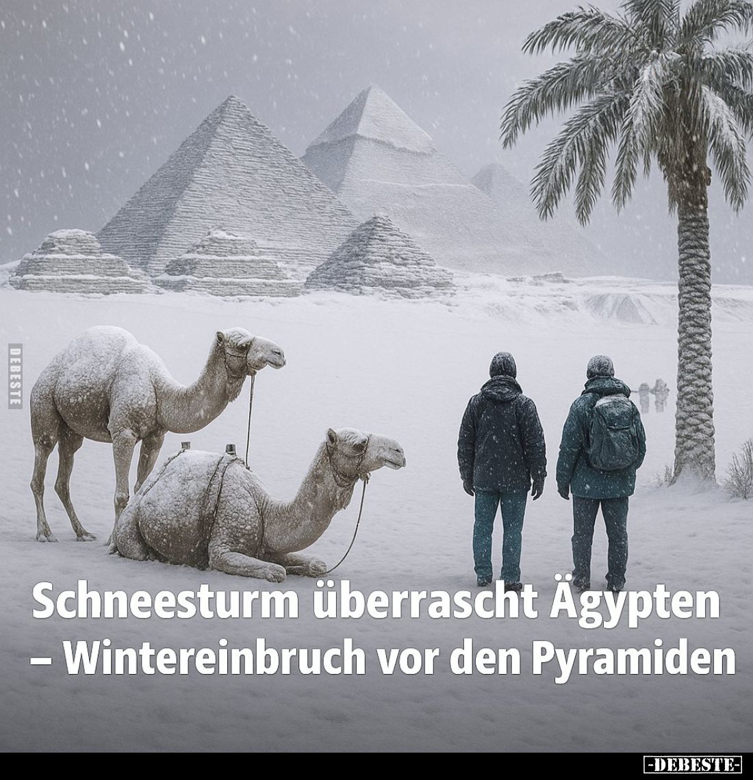 Schneesturm überrascht Ägypten - Wintereinbruch vor den Pyramiden.