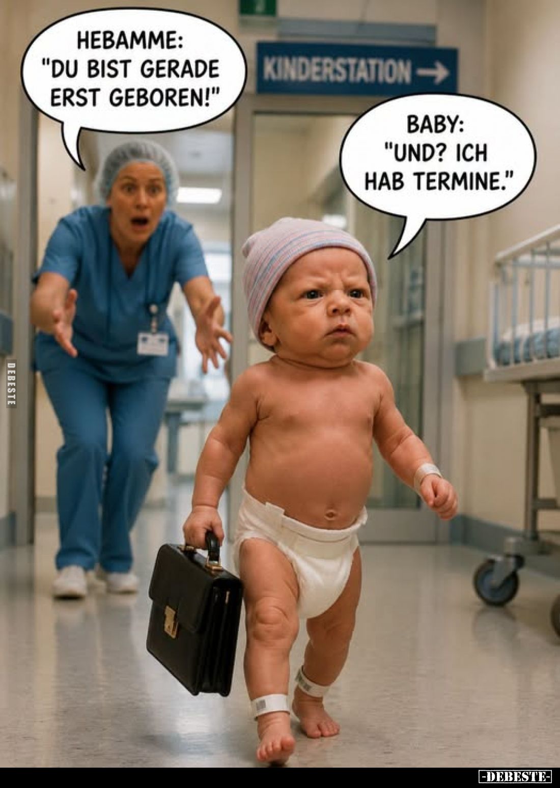 Hebamme: "Du bist gerade erst geboren!"
-
Baby: "Und? Ich hab Termine."