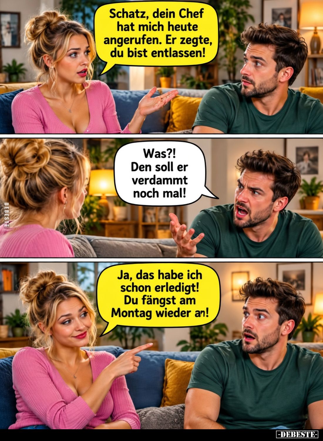 Schatz, dein Chef hat mich heute angerufen. Er sagte, du bist entlassen!
Was?! Den soll er verdammt noch mal!
Ja, das h...