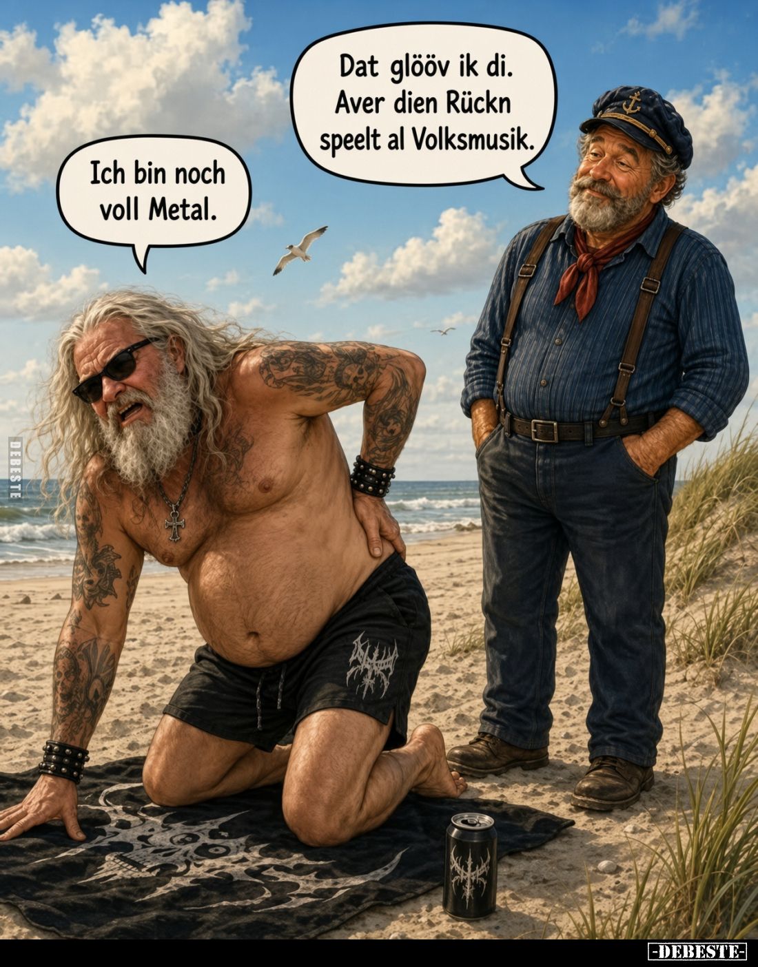 Dat glööv ik di.
Aver dien Rückn speelt al Volksmusik.
Ich bin noch voll Metal.