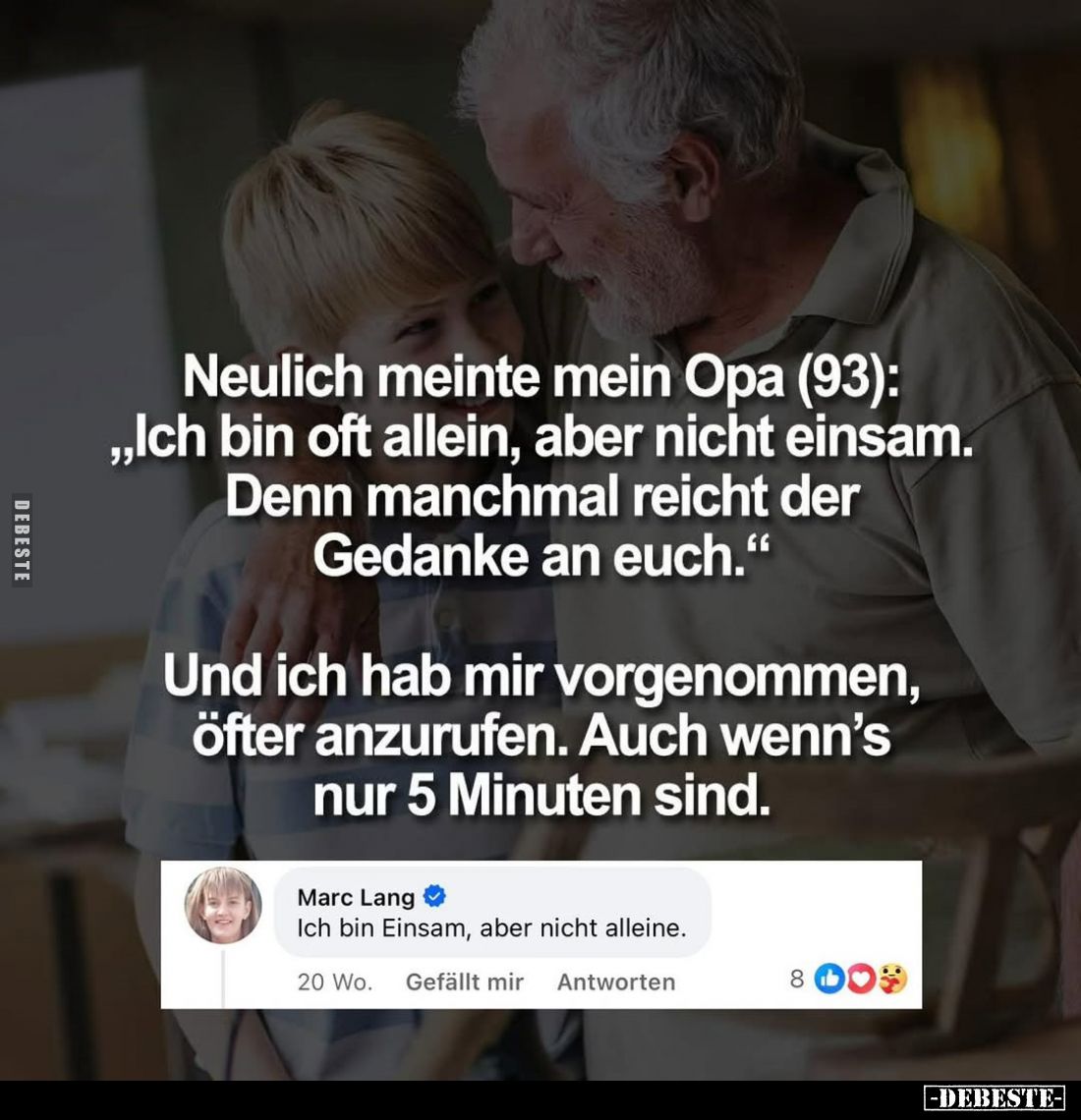 Neulich meinte mein Opa (93): „Ich bin oft allein, aber nicht einsam. Denn manchmal reicht der Gedanke an euch."
Und ic...