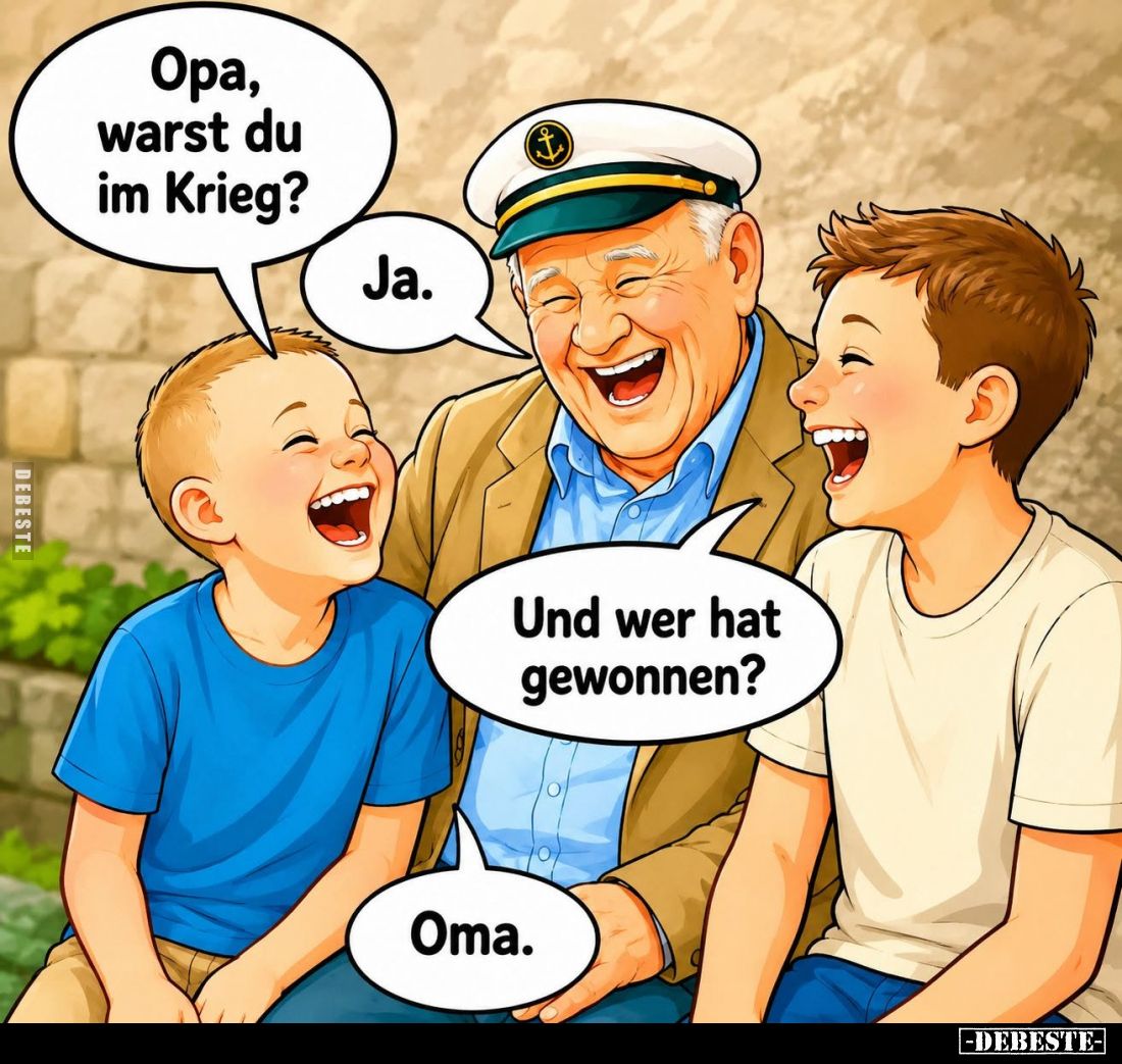 Opa, warst du im Krieg? -
Ja. -
Und wer hat gewonnen? -
Oma.