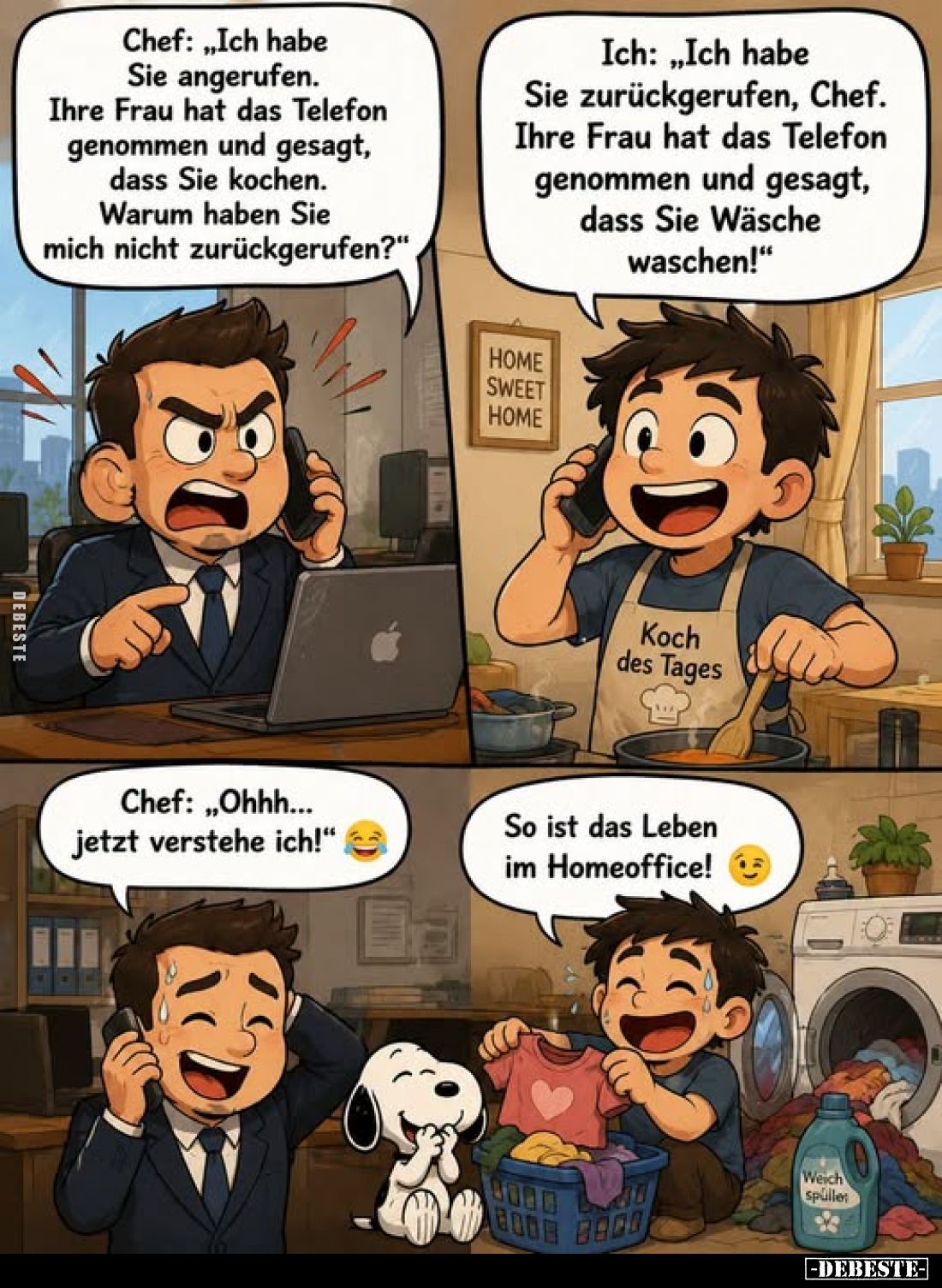 Chef: „Ich habe Sie angerufen. Ihre Frau hat das Telefon genommen und gesagt, dass Sie kochen. Warum haben Sie mich nicht zur...