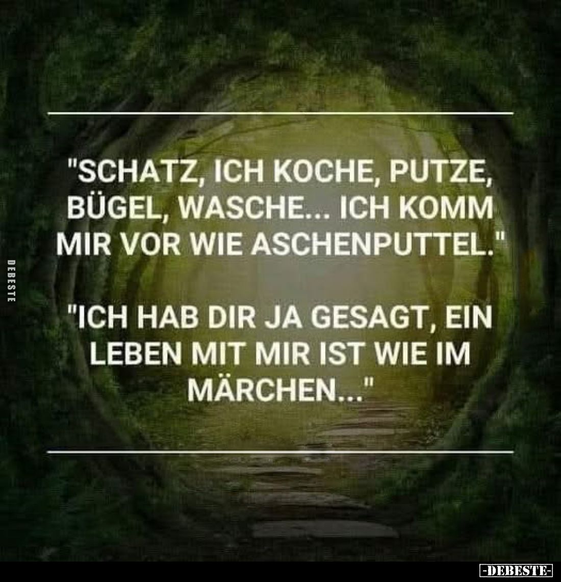 "Schatz, ich koche, putze, bügel, wasche... ich komm mir vor wie Aschenputtel." 

"Ich hab dir ja gesagt, ei...