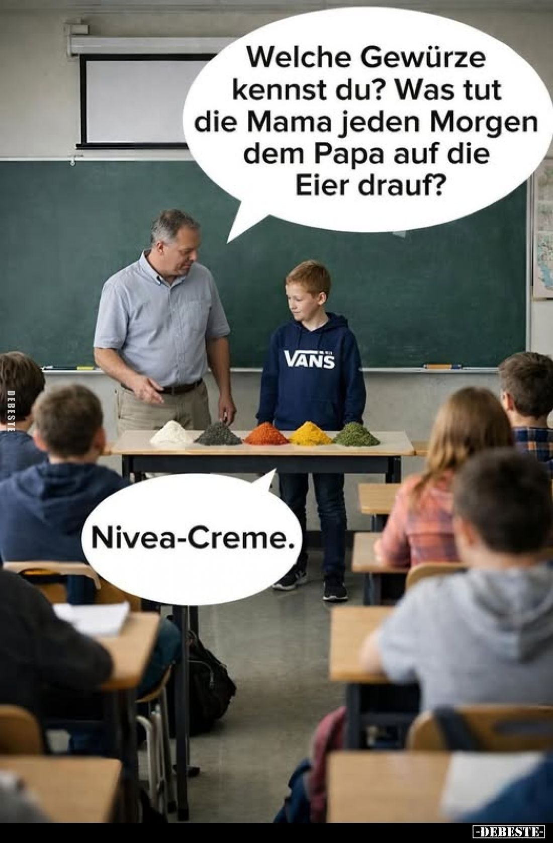 Welche Gewürze kennst du? Was tut die Mama jeden Morgen dem Papa auf die Eier drauf?
VANS
Nivea-Creme.