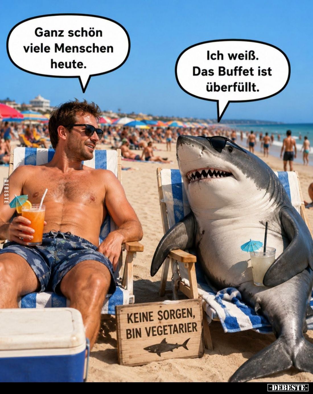 Ganz schön viele Menschen heute. -
Ich weiß. Das Buffet ist überfüllt.