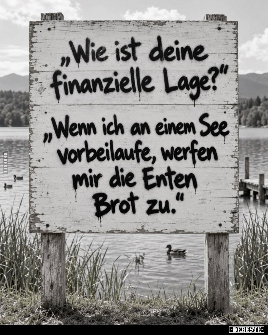 "Wie ist deine finanzielle Lage?"
- "Wenn ich an einem See vorbeilaufe, werfen mir die Enten Brot zu."