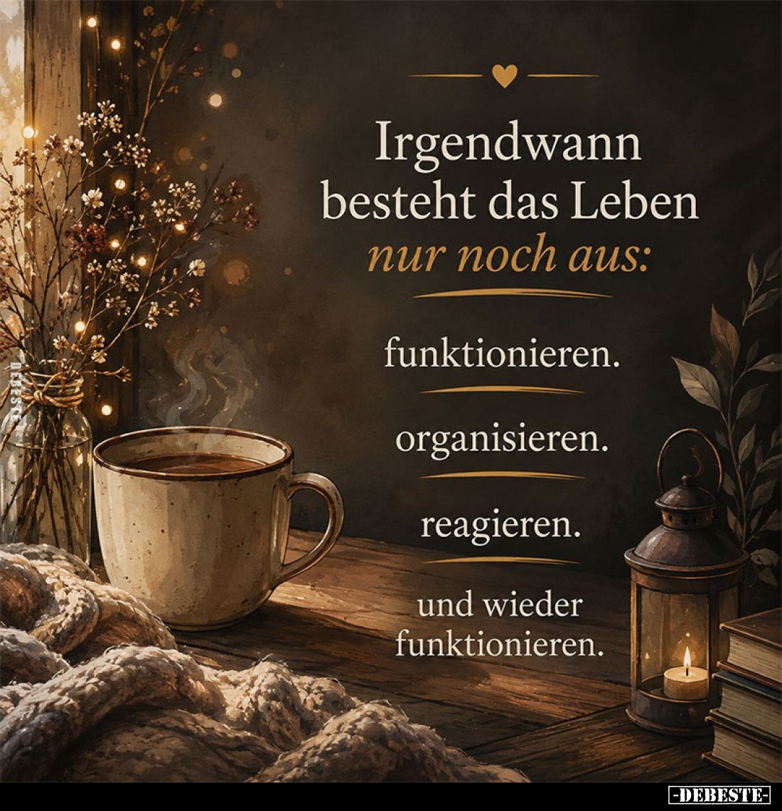 Irgendwann besteht das Leben nur noch aus:

funktionieren.

organisieren.

reagieren.

und wieder funktionieren.