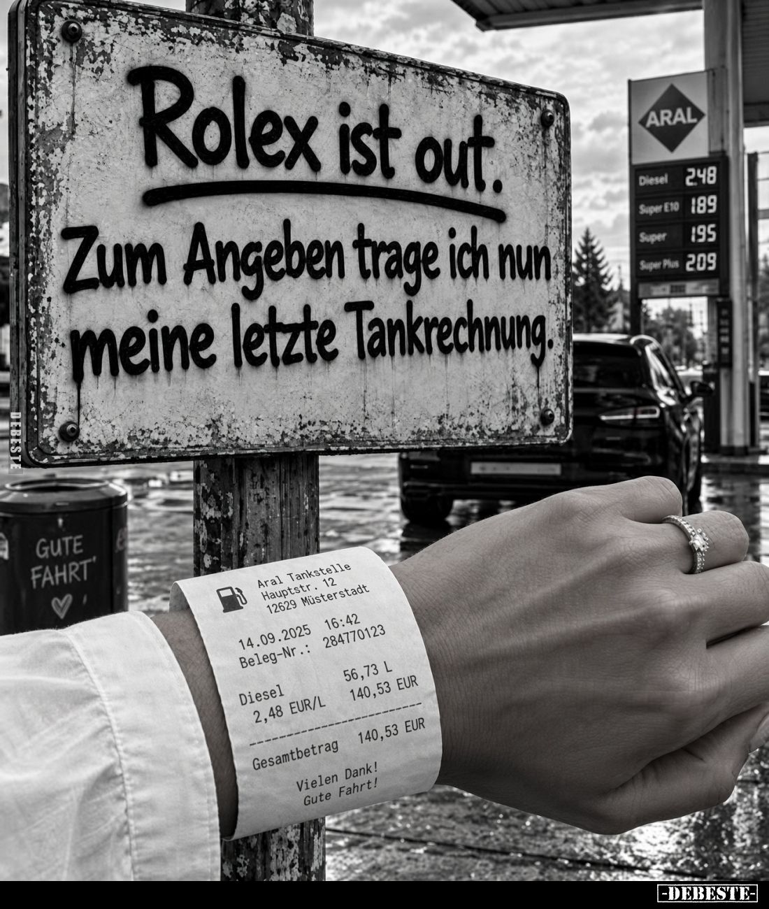 Rolex ist out.
Zum Angeben trage ich nun meine letzte Tankrechnung.