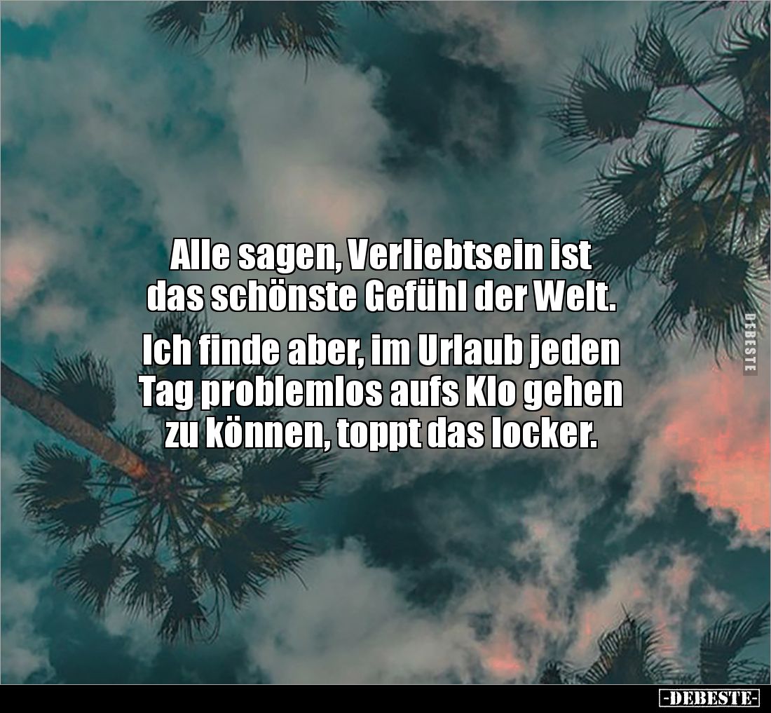 Alle sagen, Verliebtsein ist
das schönste Gefühl der Welt.
Ich finde aber, im Urlaub jeden
Tag problemlos aufs Klo geh...