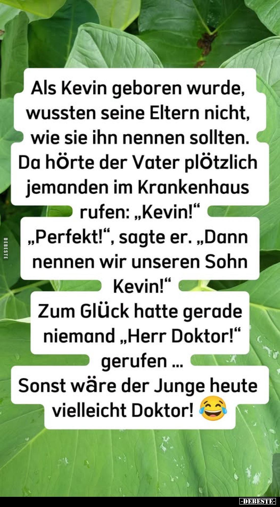 Als Kevin geboren wurde, wussten seine Eltern nicht, wie sie ihn nennen sollten. -
Da hörte der Vater plötzlich jemanden im ...