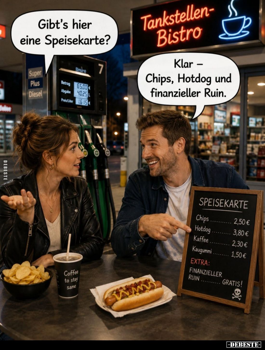 Gibt's hier eine Speisekarte? - Klar - Chips, Hotdog und finanzieller Ruin.