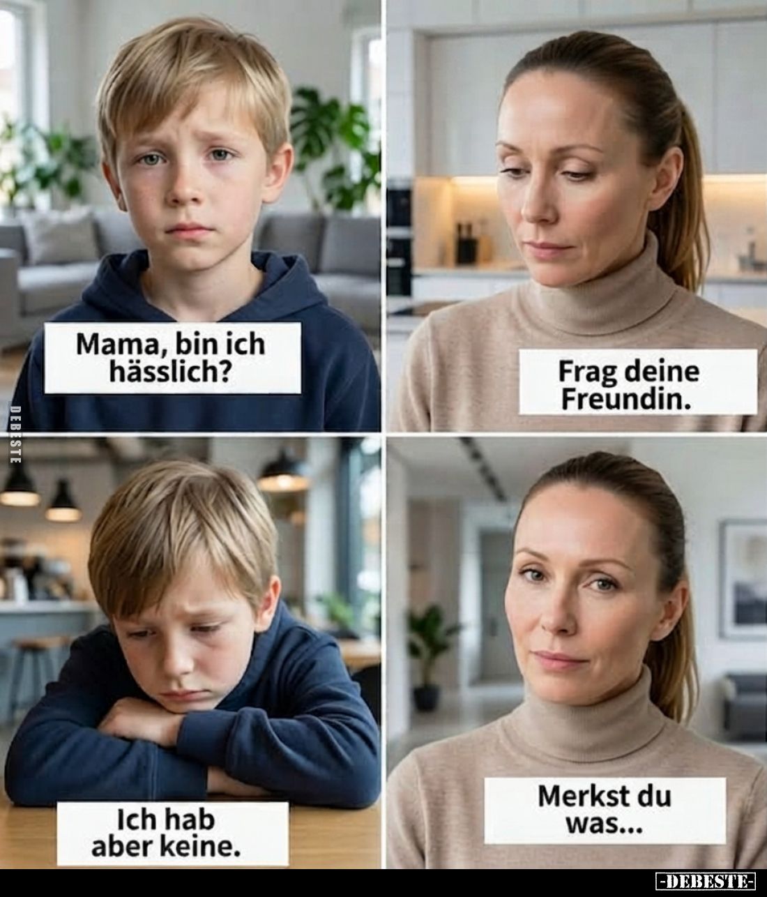 Mama, bin ich hässlich?
-
Frag deine Freundin.
-
Ich hab aber keine.
-
Merkst du was...