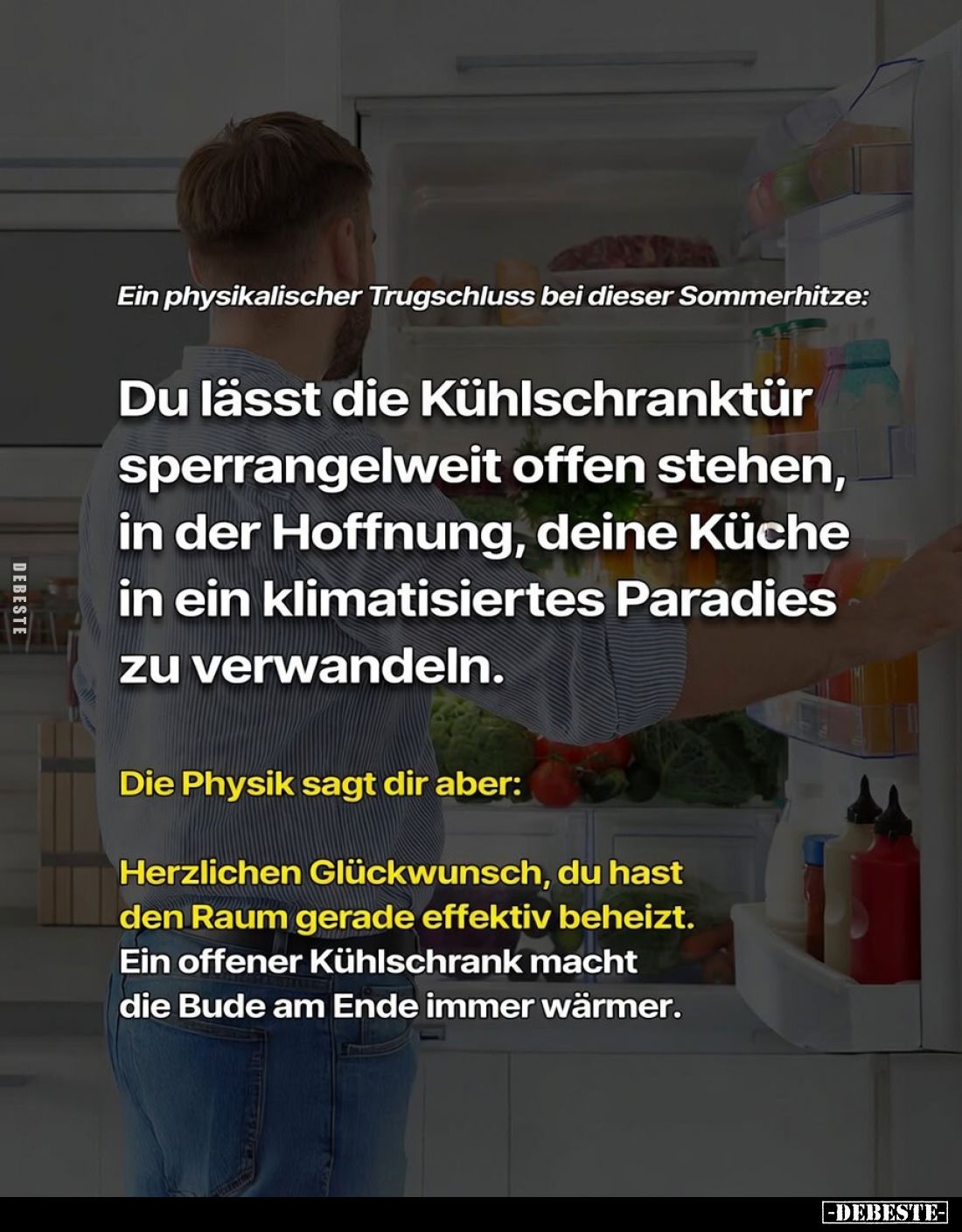 Ein physikalischer Trugschluss bei dieser Sommerhitze:
Du lässt die Kühlschranktür sperrangelweit offen stehen, in der Hoffn...