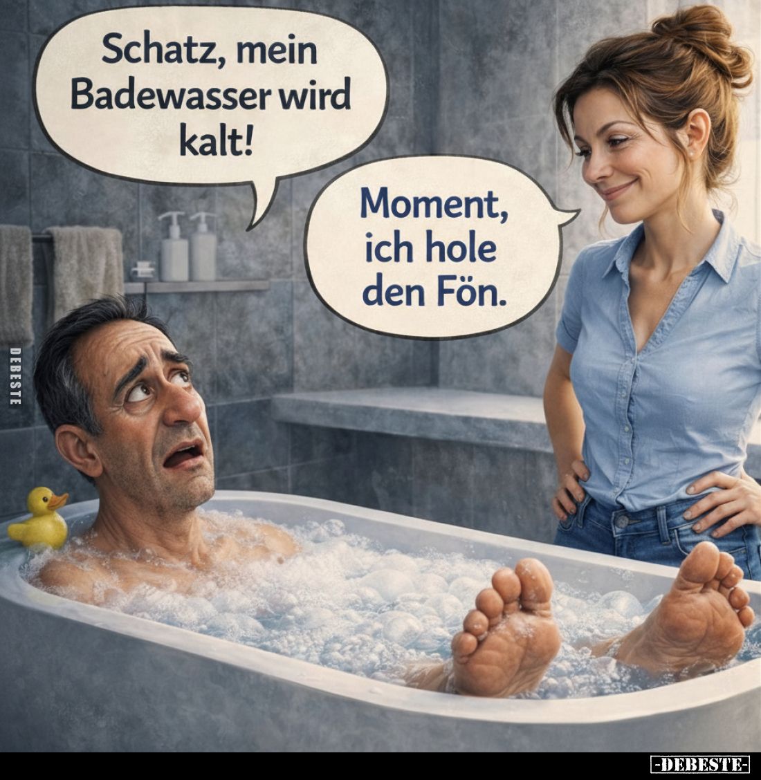 Schatz, mein Badewasser wird kalt!

Moment, ich hole den Fön.