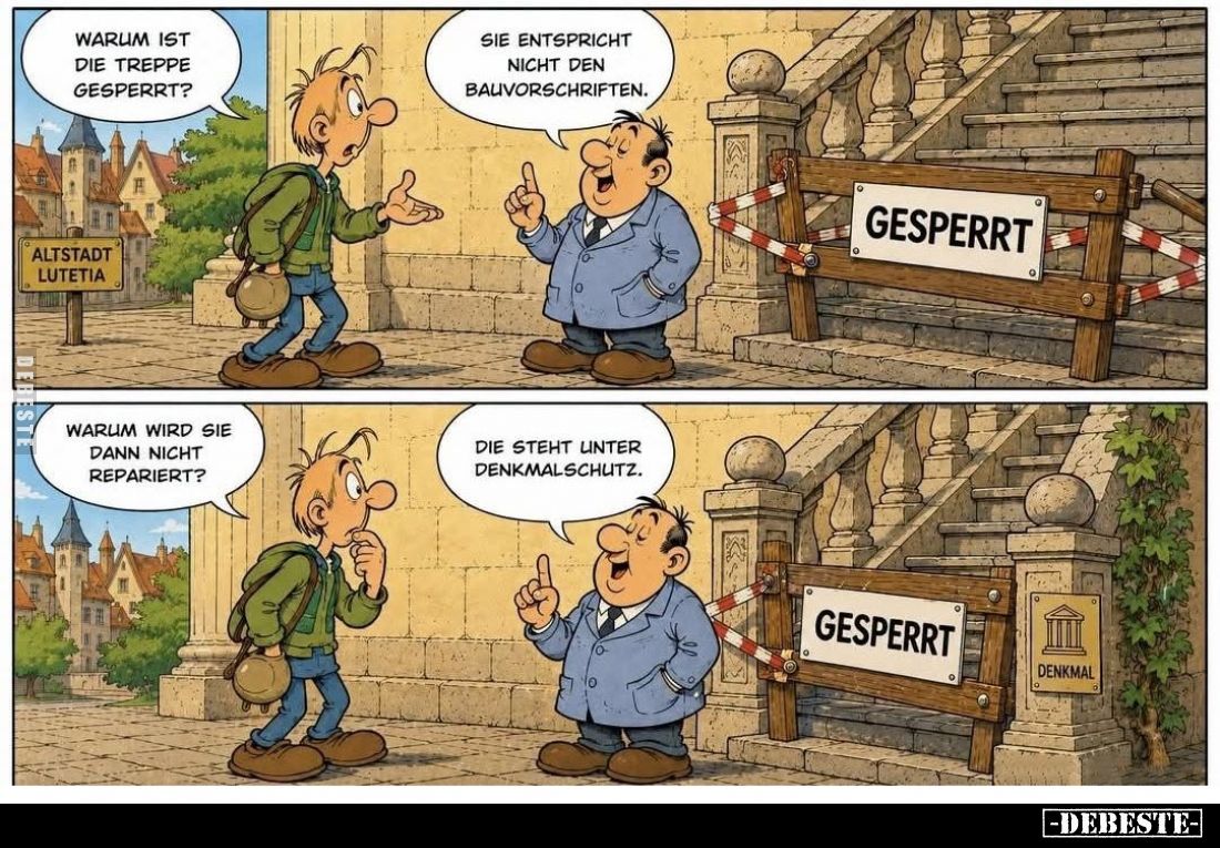 Warum ist die Treppe gesperrt? -
Sie entspricht nicht den Bauvorschriften.
-
Warum wird sie dann nicht repariert? -
Die s...