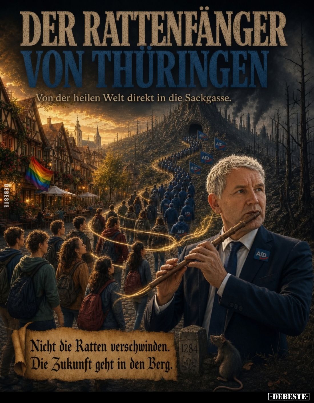 Der Rattenfänger
von Thüringen.
-
Von der heilen Welt direkt in die Sackgasse.
Nicht die Ratten verschwinden. Die Zukun...