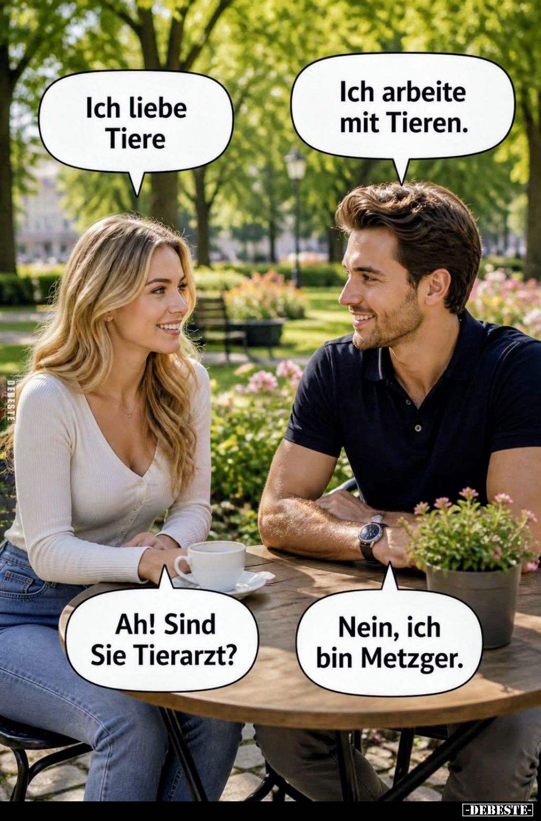 Ich liebe Tiere. -
Ich arbeite mit Tieren. -
Ah! Sind Sie Tierarzt? -
Nein, ich bin Metzger.