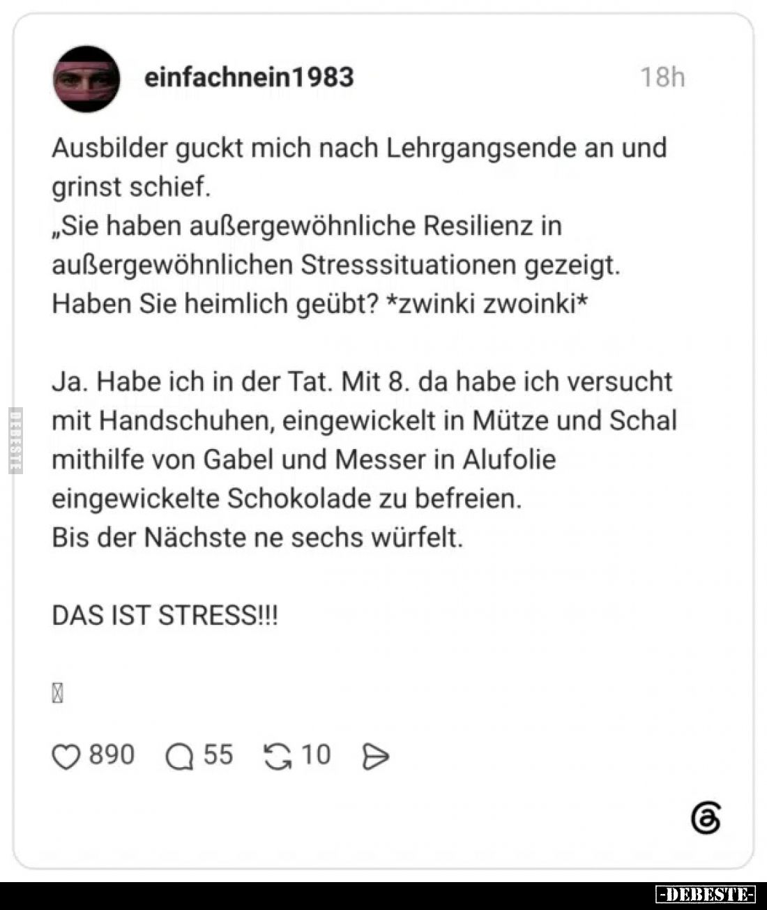 Ausbilder guckt mich nach Lehrgangsende an und grinst schief.
„Sie haben außergewöhnliche Resilienz in außergewöhnlichen Str...