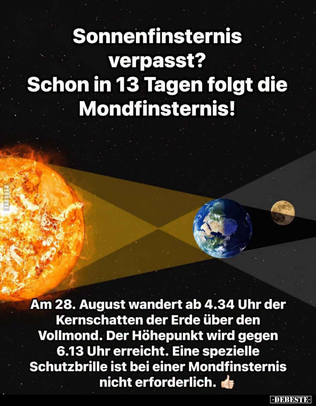 Sonnenfinsternis verpasst?
Schon in 13 Tagen folgt die Mondfinsternis!

Am 28. August wandert ab 4.34 Uhr der Kernschatten...
