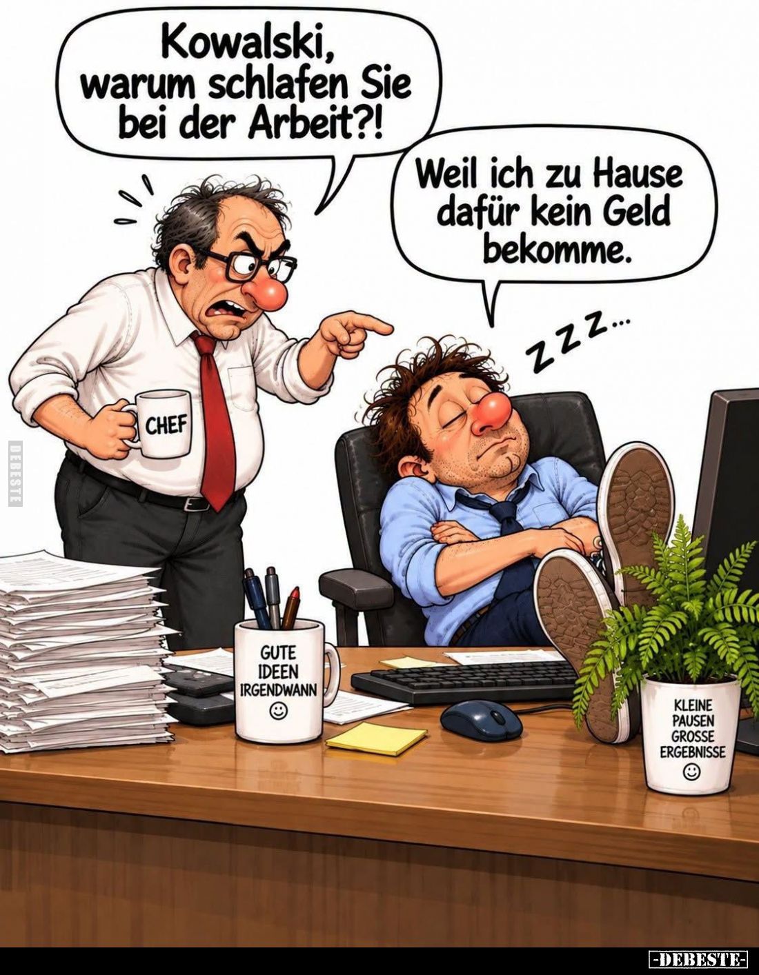 Kowalski, warum schlafen Sie bei der Arbeit?!
Weil ich zu Hause dafür kein Geld bekomme