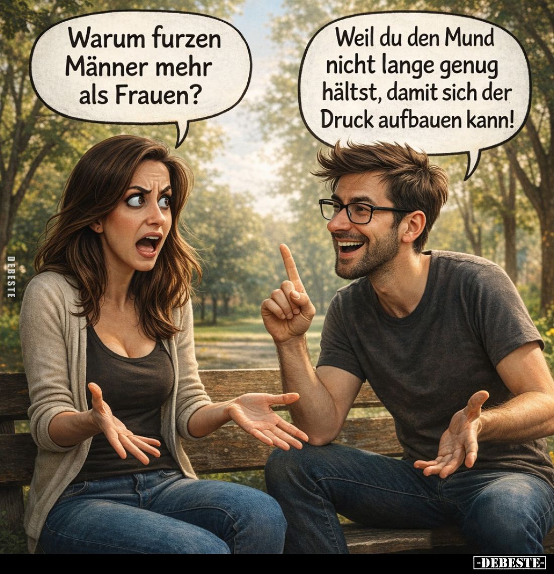 Warum furzen Männer mehr als Frauen? -
Weil du den Mund nicht lange genug hältst, damit sich der Druck aufbauen kann!