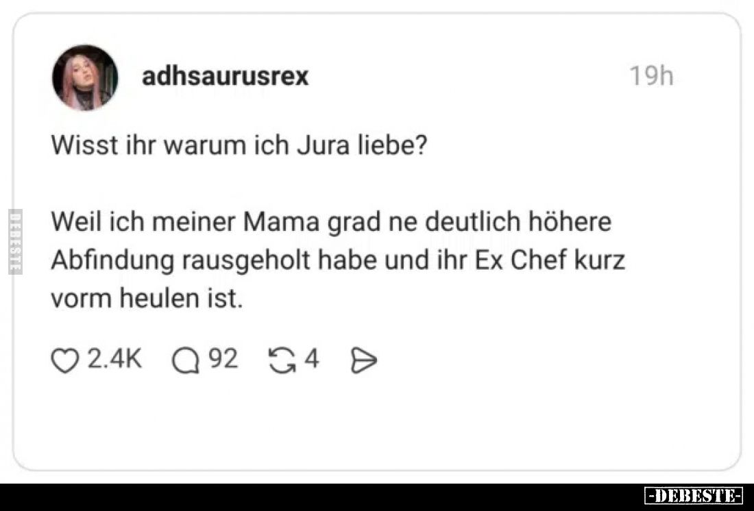 Wisst ihr warum ich Jura liebe?
Weil ich meiner Mama grad ne deutlich höhere Abfindung rausgeholt habe und ihr Ex Chef kurz ...