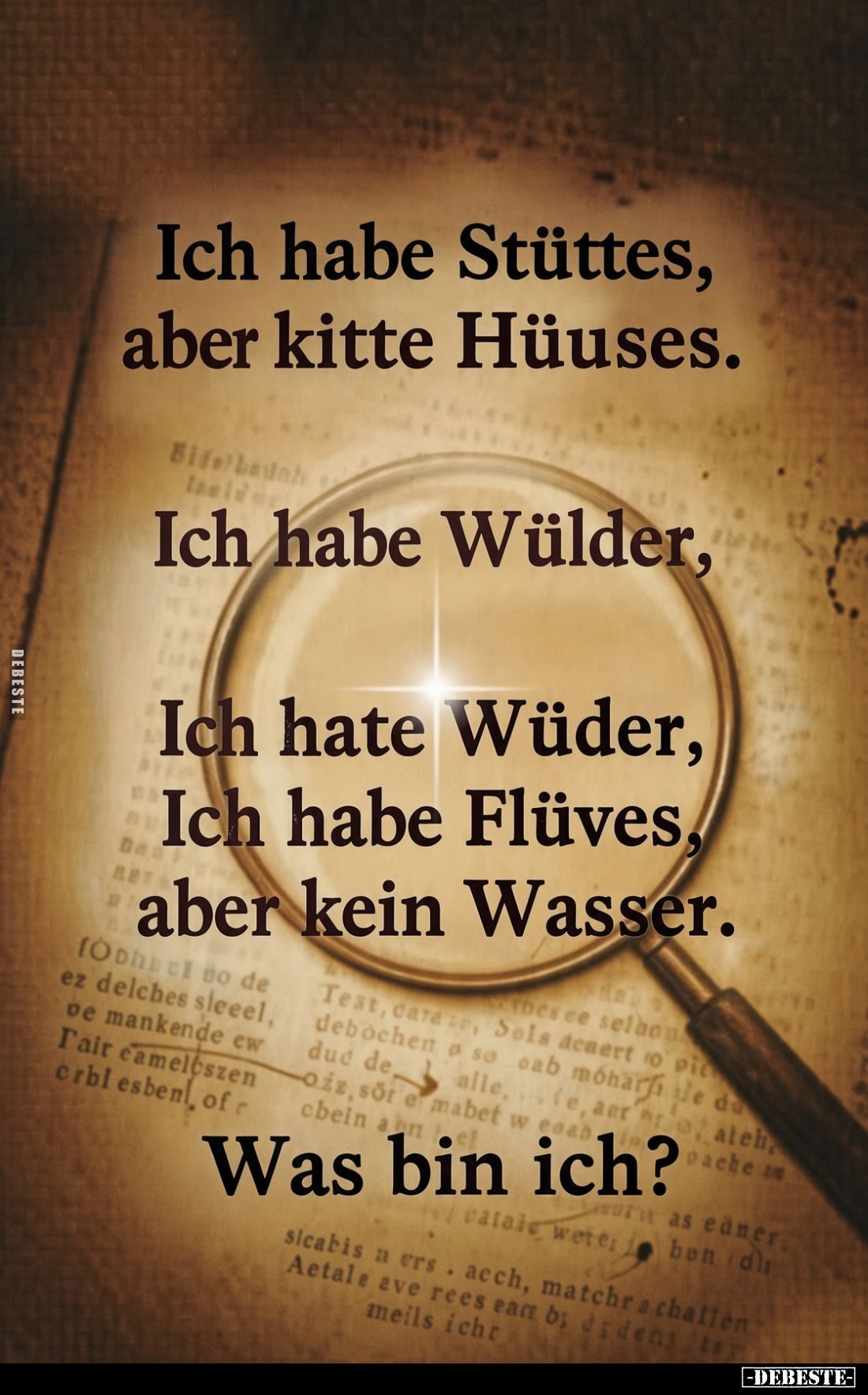 Ich habe Stüttes, aber kitte Hüuses.
Ich habe Wülder,
Ich hate Wüder, Ich habe Flüves, aber kein Wasser.
Was bin ich?