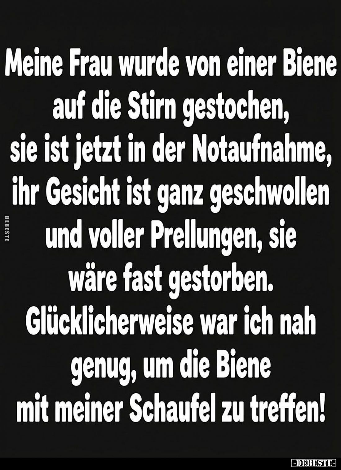Meine Frau wurde von einer Biene auf die Stirn gestochen,
sie ist jetzt in der Notaufnahme,
ihr Gesicht ist ganz geschwolle...