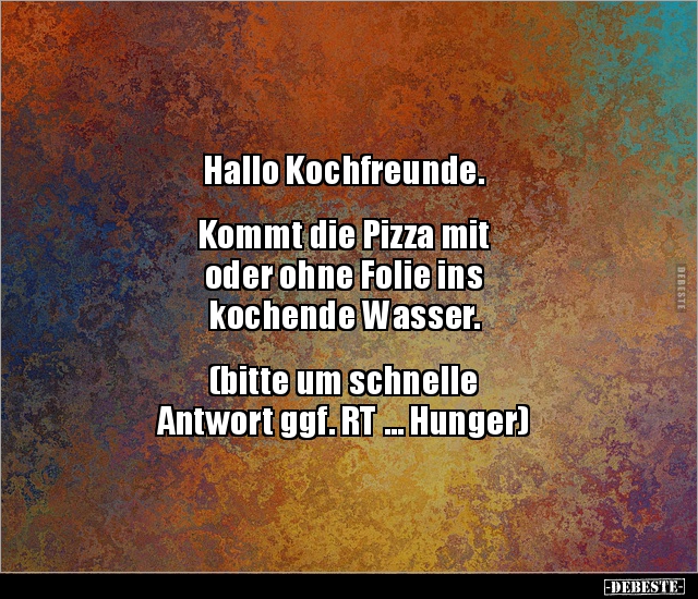 Hallo Kochfreunde. Kommt die Pizza mit oder ohne.. - Lustige Bilder | DEBESTE.de