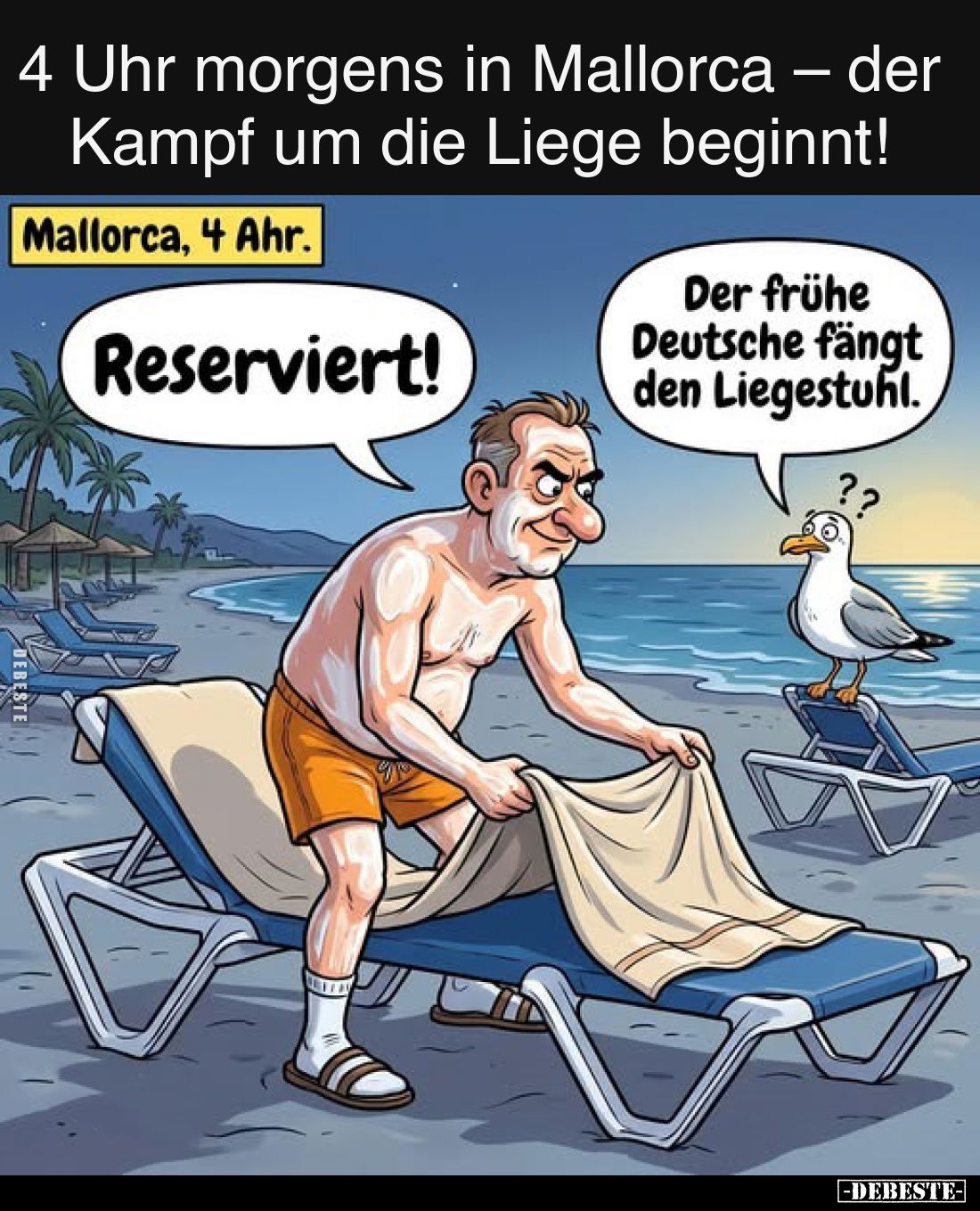 4 Uhr morgens in Mallorca – der Kampf um die Liege beginnt!
-
Mallorca, 4 Uhr.
-
Reserviert!
-
Der frühe Deutsche fängt...