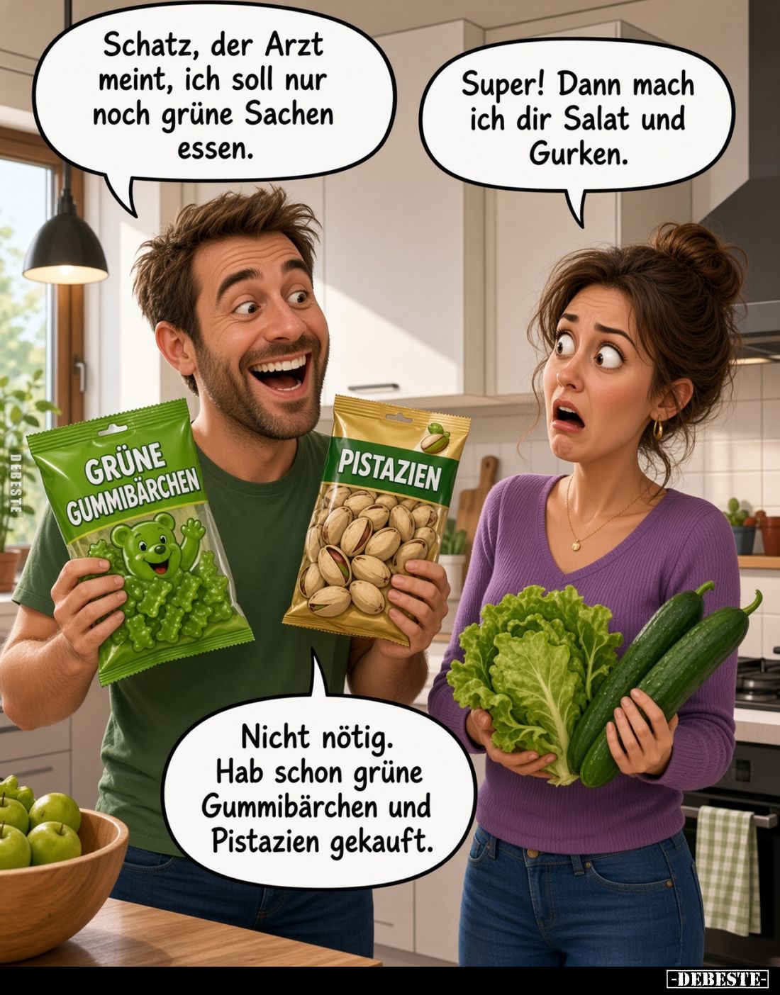 Schatz, der Arzt meint, ich soll nur noch grüne Sachen essen.
Super! Dann mach ich dir Salat und Gurken.
Nicht nötig. Hab s...