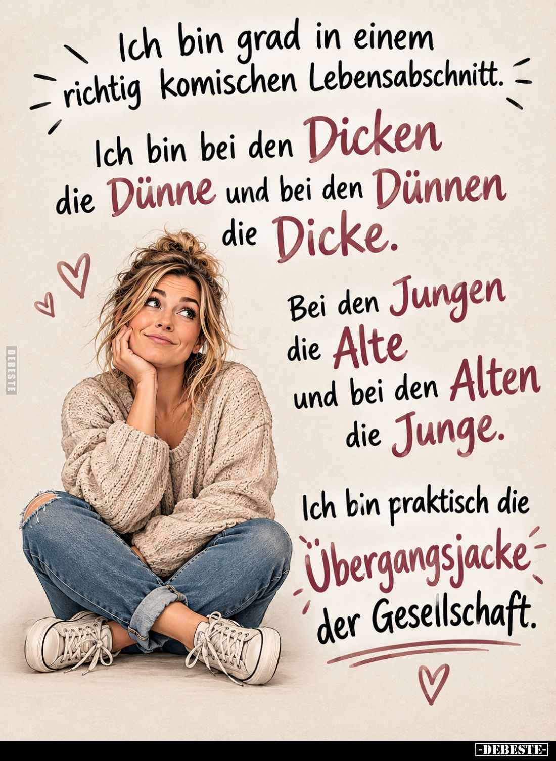 Ich bin grad in einem richtig komischen Lebensabschnitt.
Ich bin bei den Dicken die Dünne und bei den Dünnen die Dicke.
Bei...