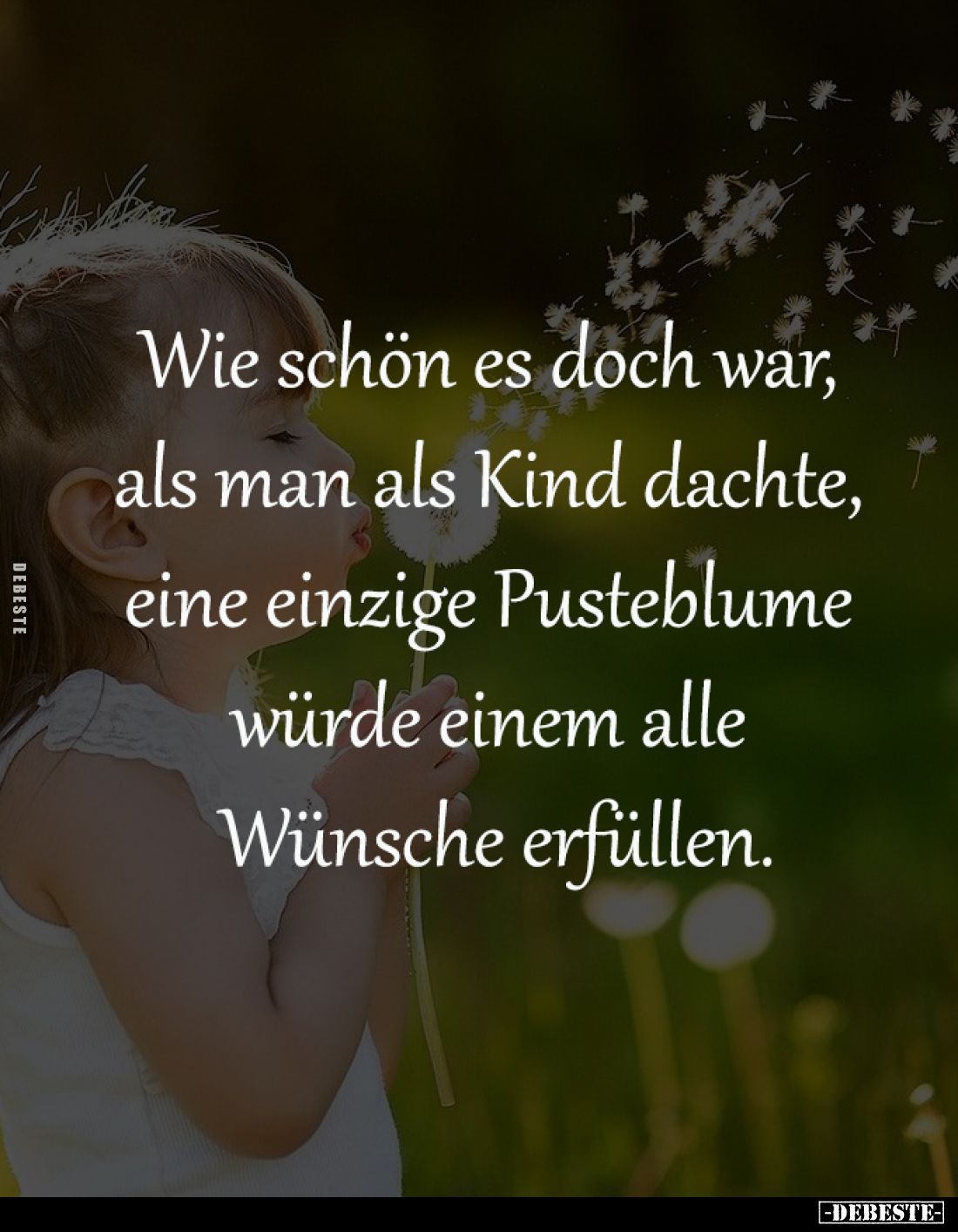 Wie schön es doch war, 
als man als Kind dachte, 
eine einzige Pusteblume 
würde einem alle 
Wünsche erfüllen.