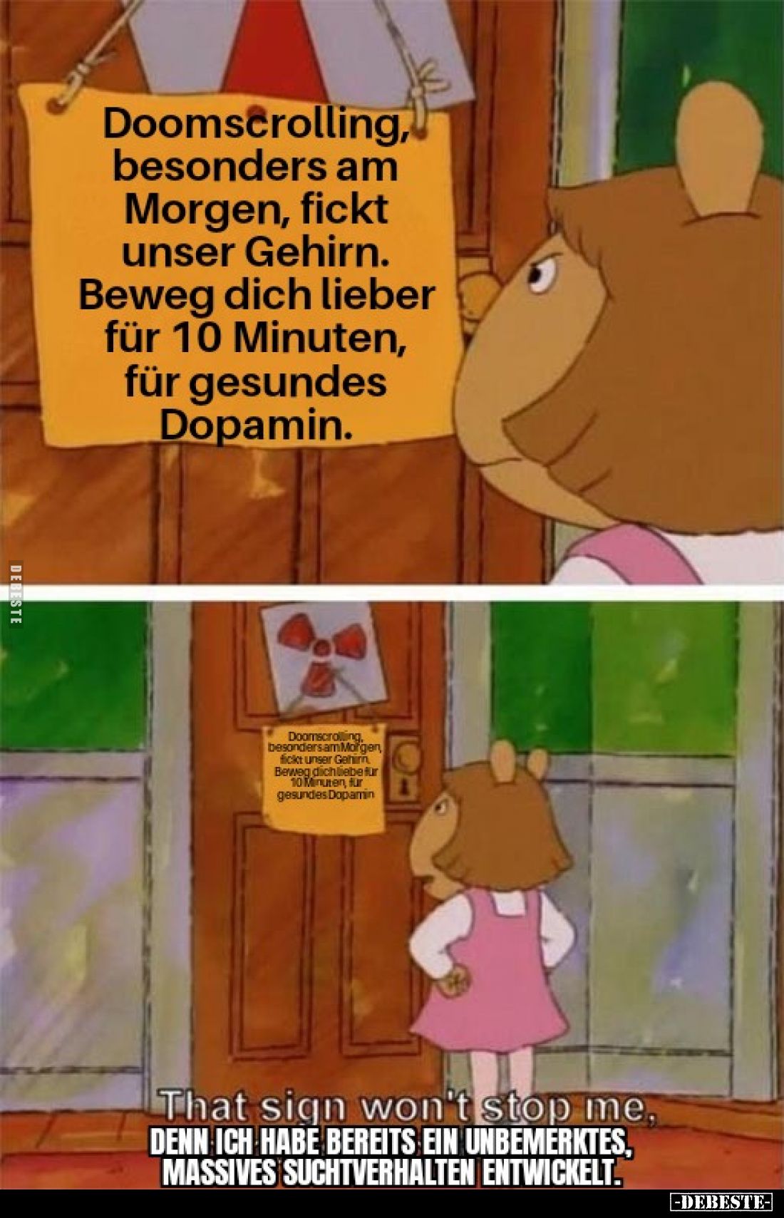 Doomscrolling, besonders am Morgen, fickt unser Gehirn. Beweg dich lieber für 10 Minuten, für gesundes Dopamin.